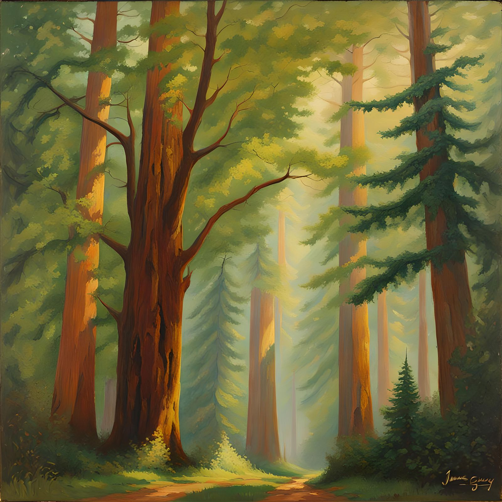 Giant Sequoia-like Trees in Forest, Oil Painting