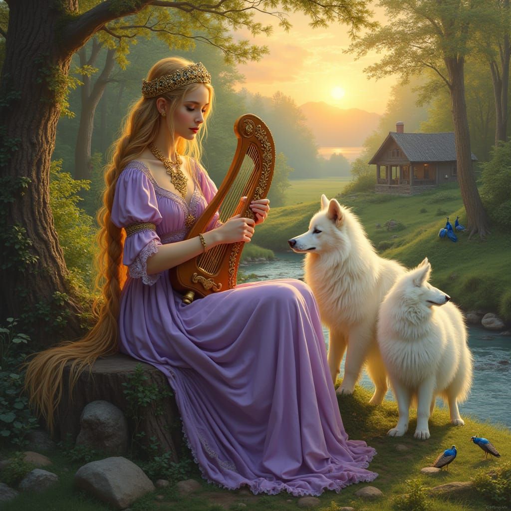 Celtic Princess Playing Harp in Forest, Art Nouveau Style
