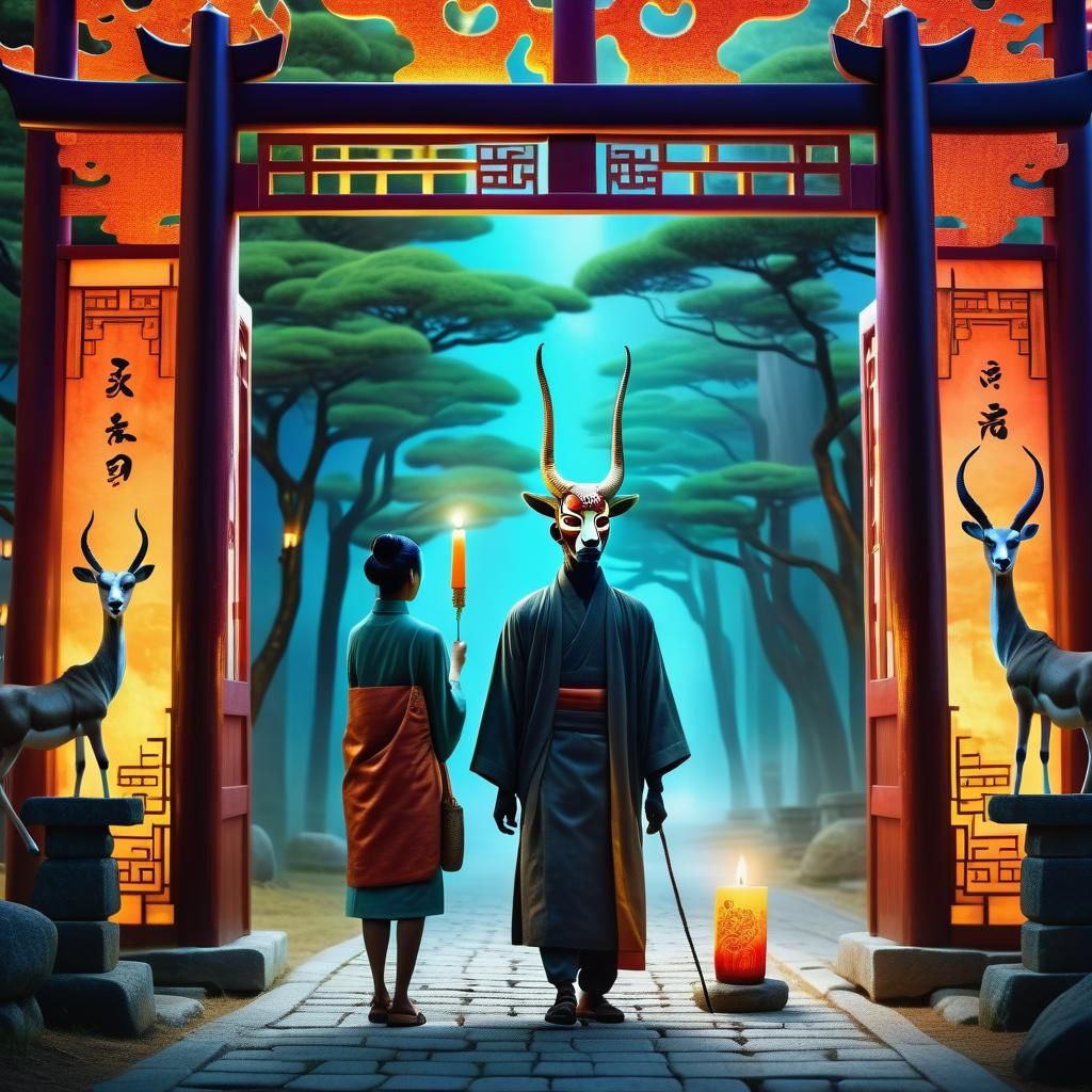 Surreal Shinto Encounter with Antelope Mask