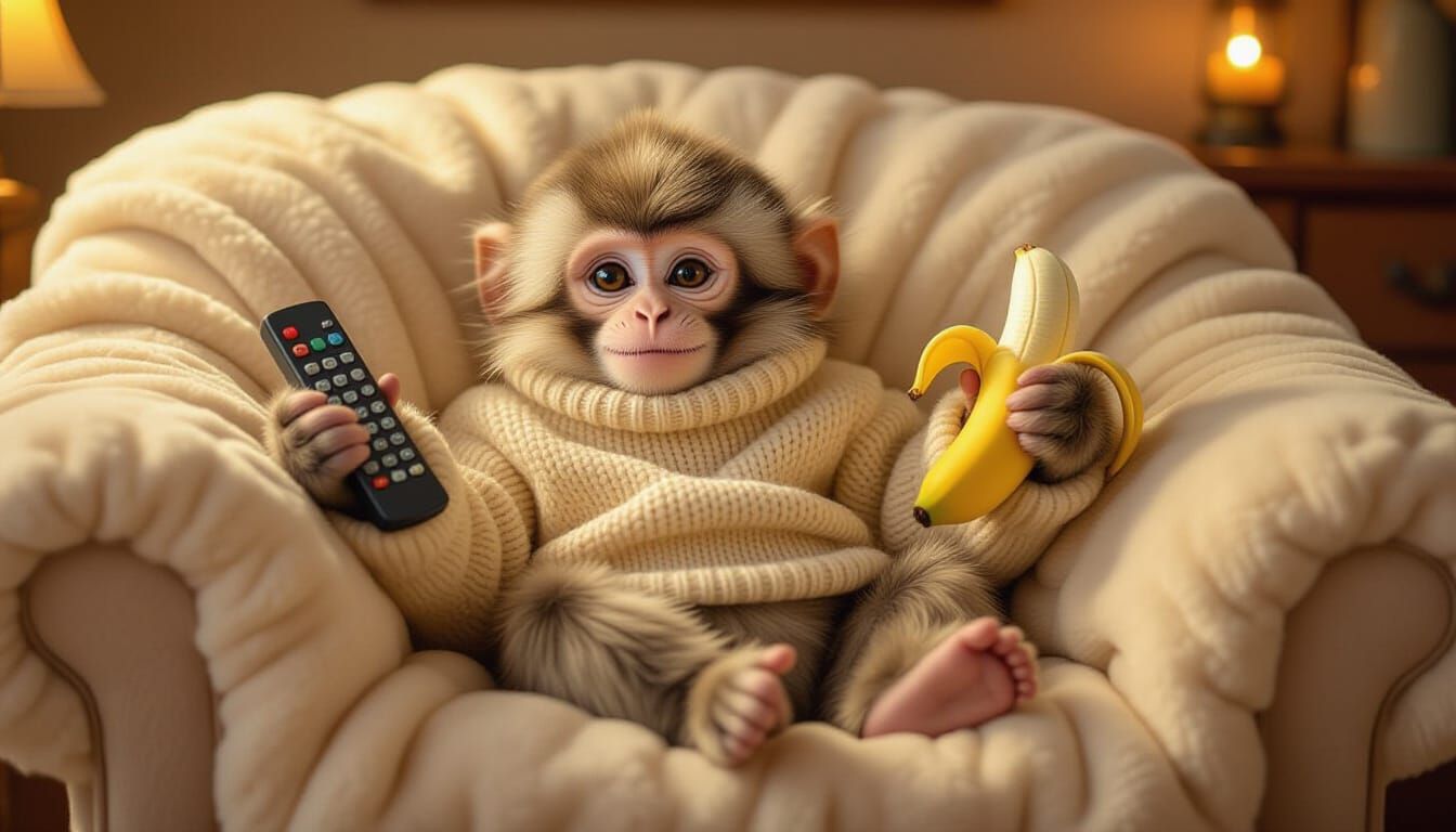 A cute fluffy monkey wearing a cozy sweater lounges on a plu...