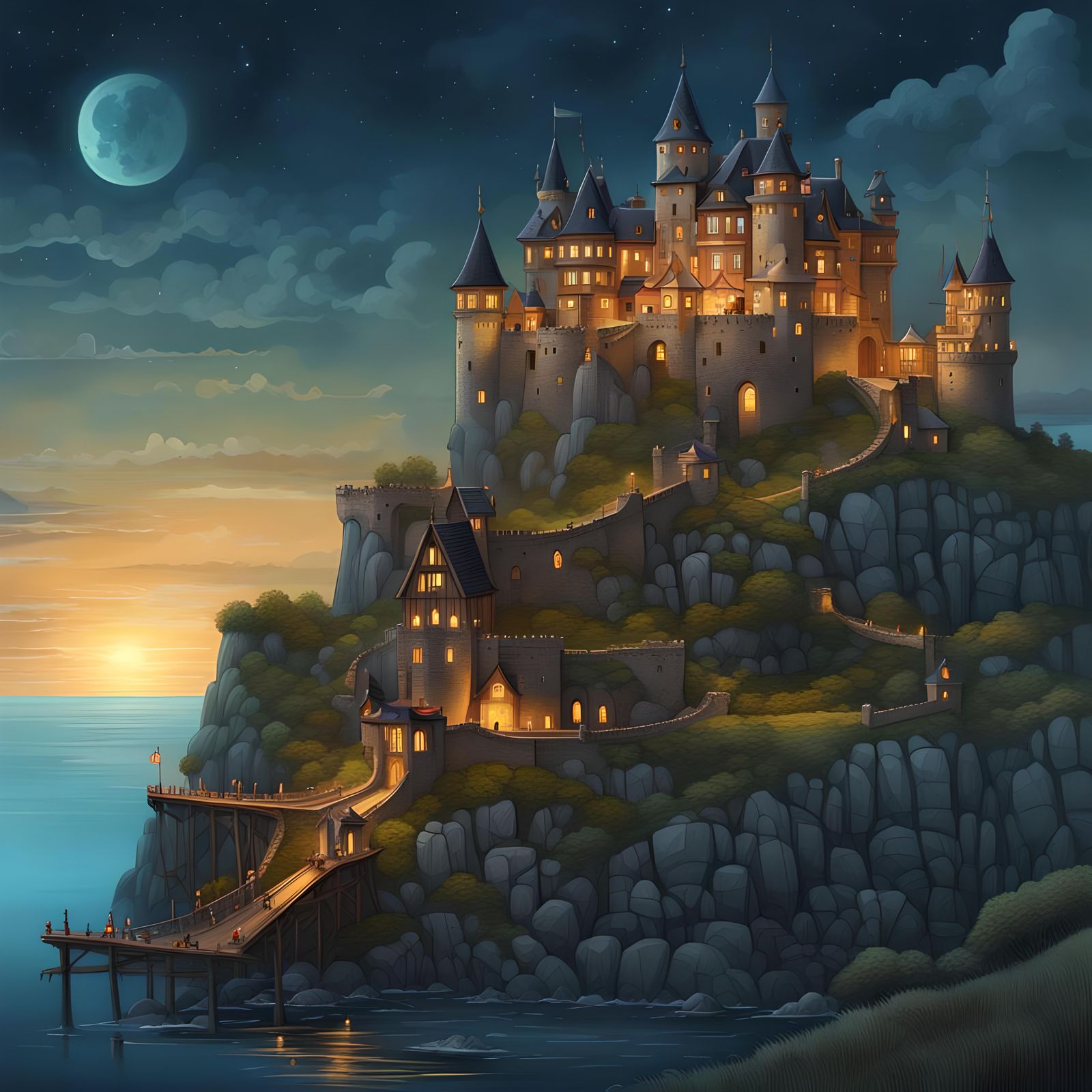 Cozy Medieval Castle on Cliff, Gouache Drawing