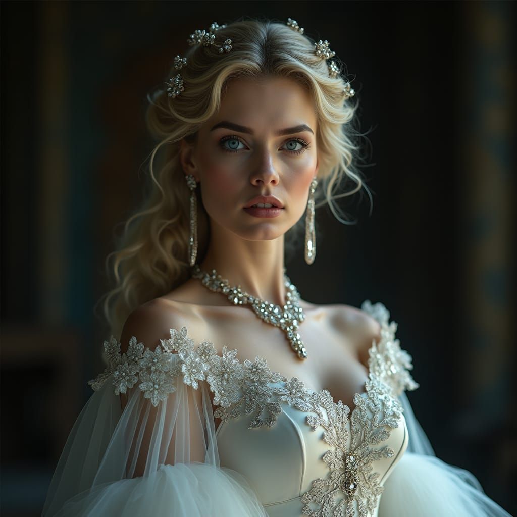Elegant Woman in Opulent Gown, Cinematic Portrait
