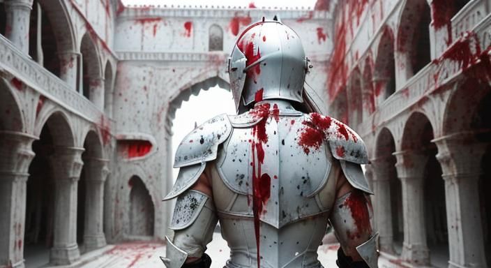 Female Knight in Blood-Splattered White Armor