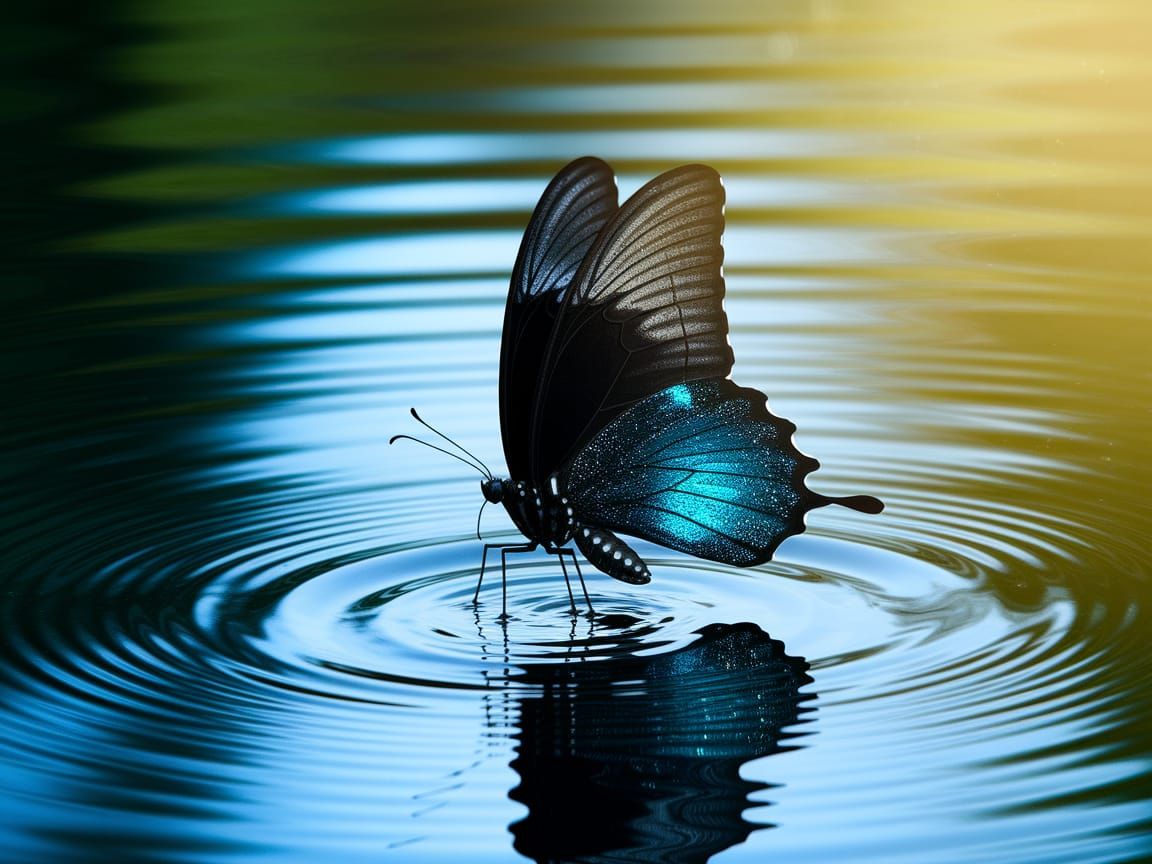 Ethereal Black Butterfly Dances on Water's Surface