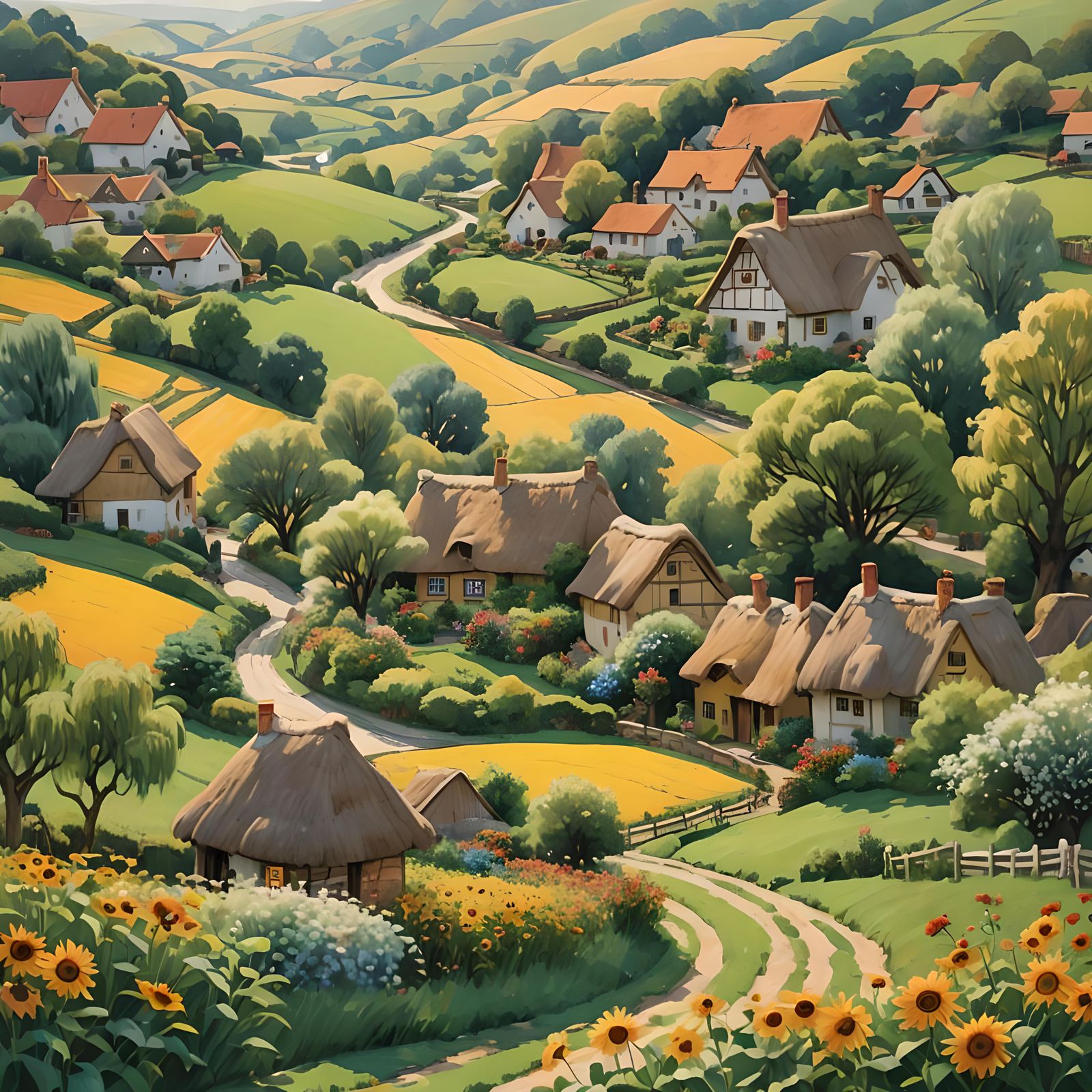 A charming and picturesque 3D animated village scene, featur...