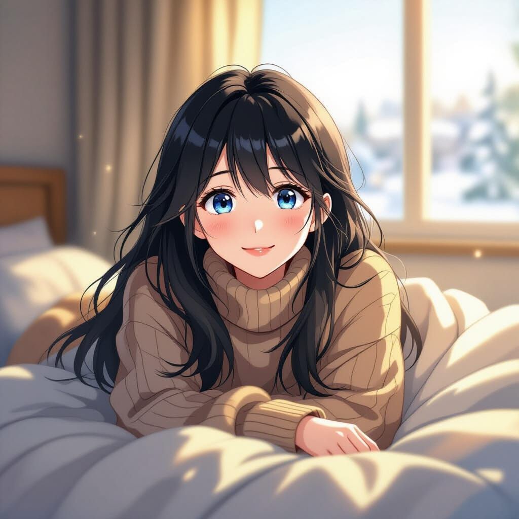 Anime Style Morning Embrace: Woman Smiling Under Sunrise