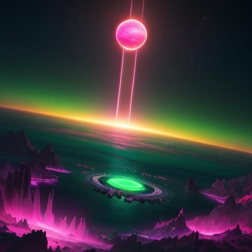 Neon Saturn Rising Above Crystal Sea: Digital Art