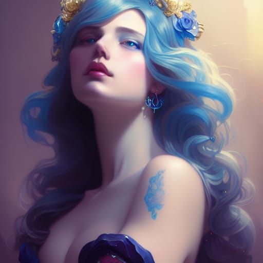 Seductive Girl Portrait with Blue Hair, Hyperdetailed Art