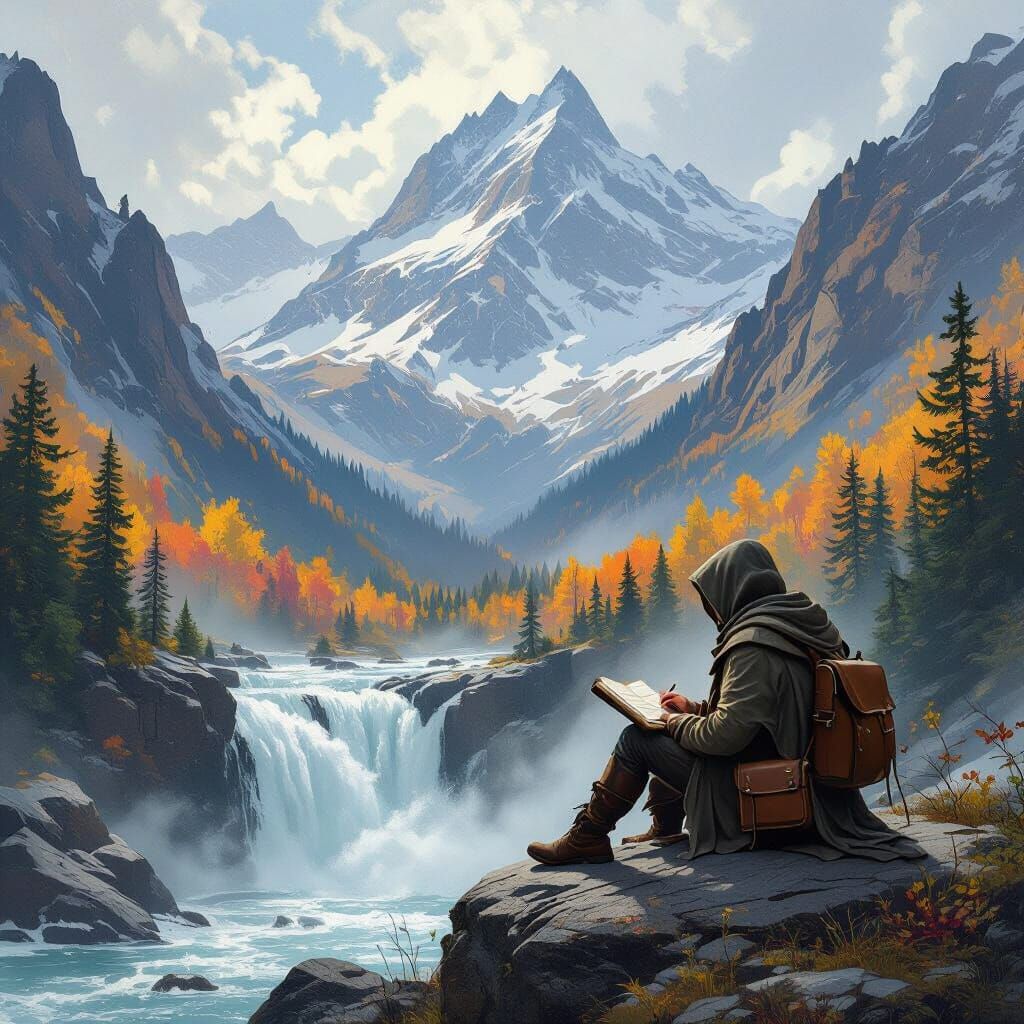 Traveler Sketches Autumn Mountain Cascade in Painterly Style