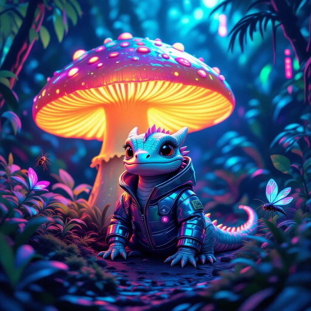 Neon Dragon Hatchling in Retro-Futuristic Jungle