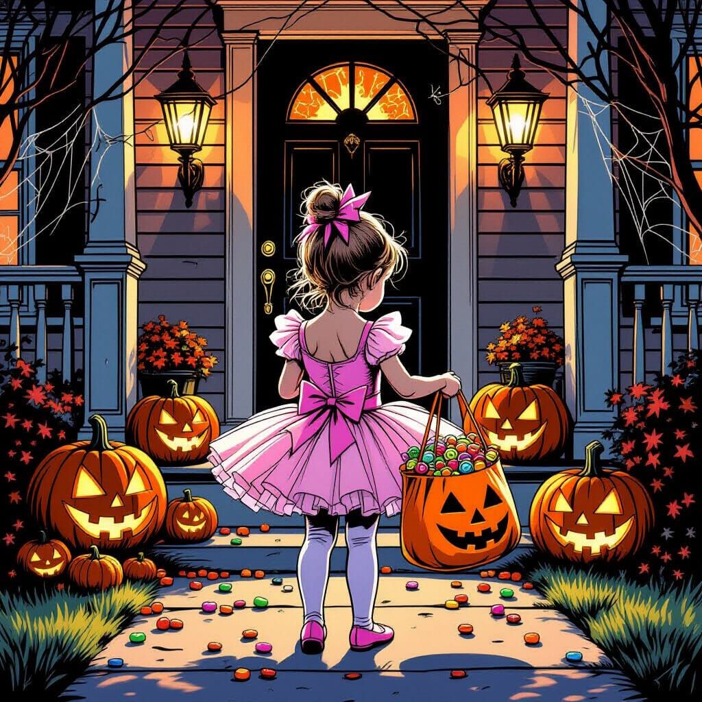Girl in Ballerina Costume with Candy Bag on Halloween Doorst...