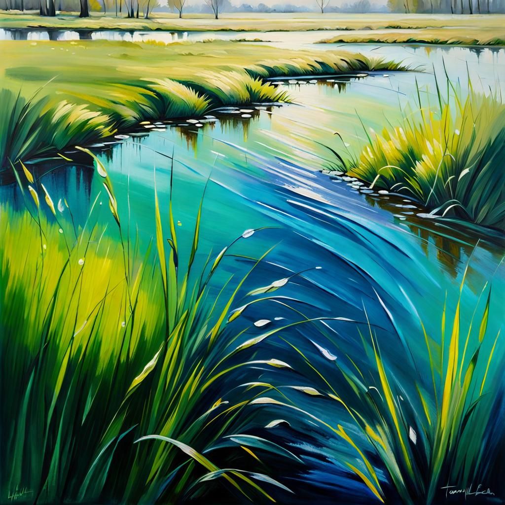 Flooded Meadow Grass in Oil Painting Style