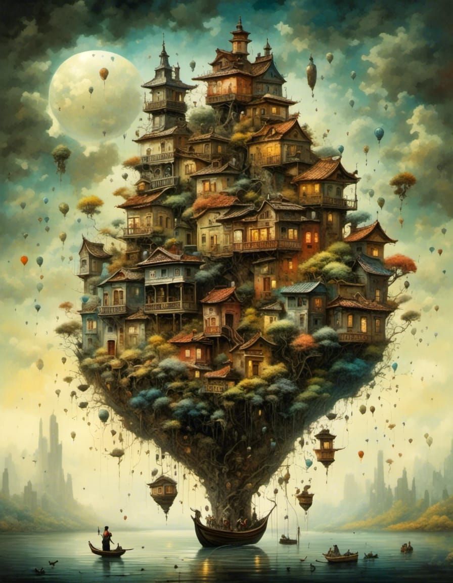 Floating Bonsai Village: Watercolor Fantasy Landscape