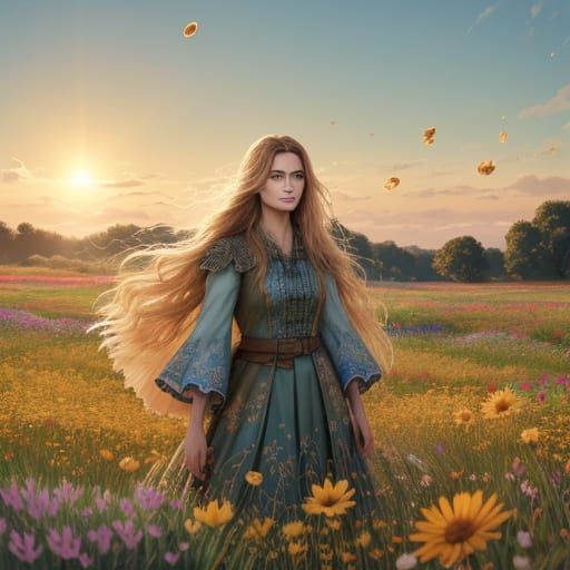 Photorealistic Portrait of Tanja in Sun-Drenched Flower Fiel...