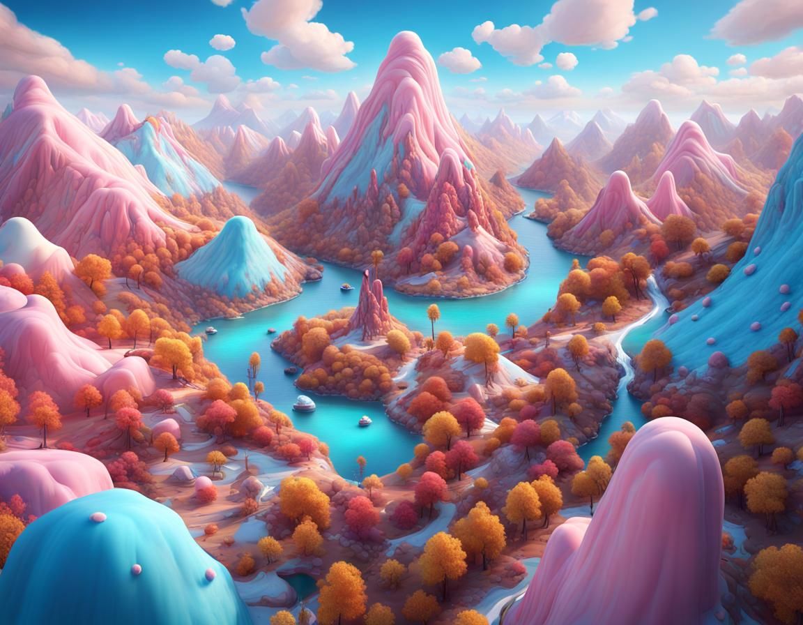 Colorful Candy Mountain Landscape in Matte Painting Style