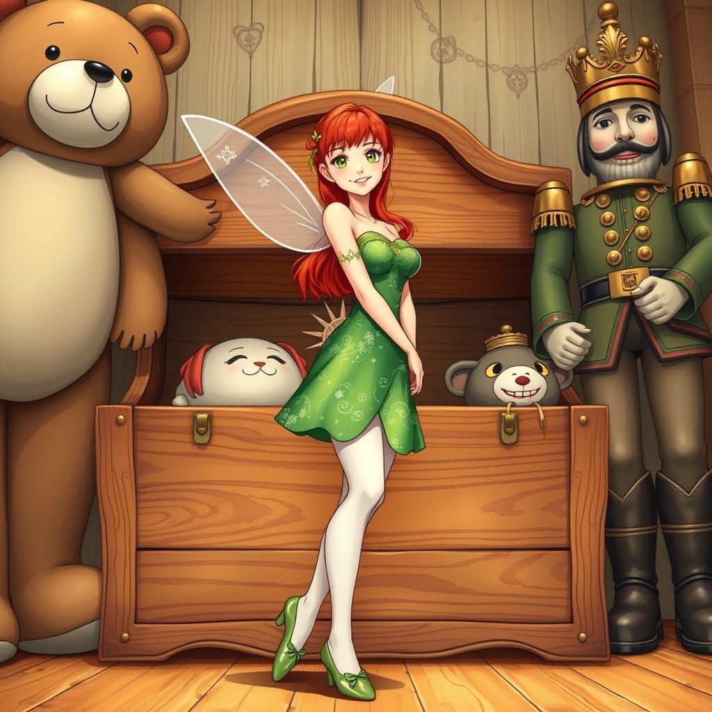 Red-Haired Maiden in Emerald Green Tinkerbell Costume, Surro...