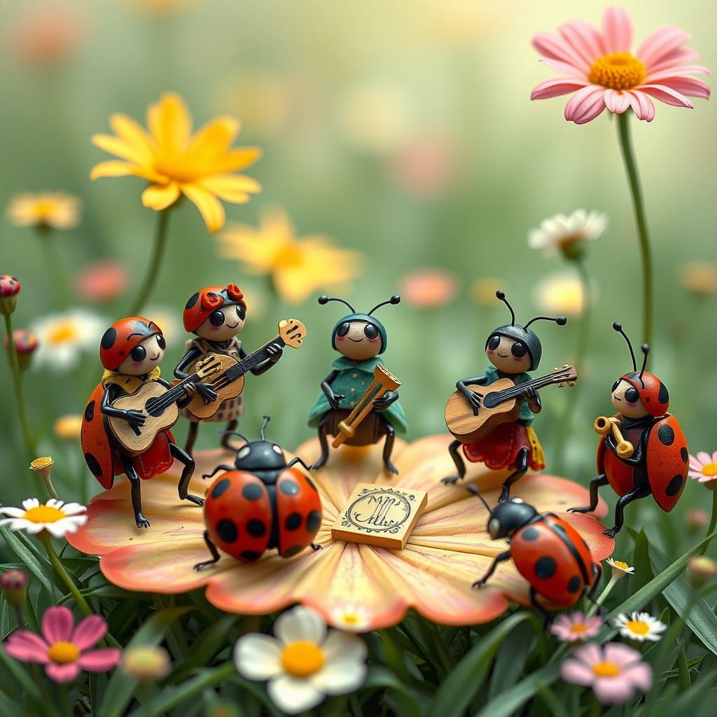 Ladybugs Play Whimsical Instruments in a Vibrant Meadow Scen...