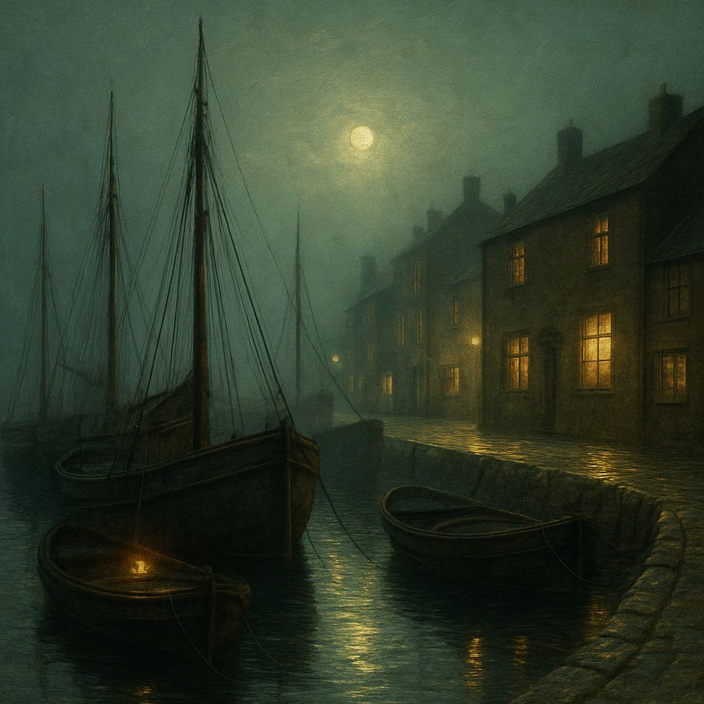 Night Fishing Harbor Scene in Grimshaw Style