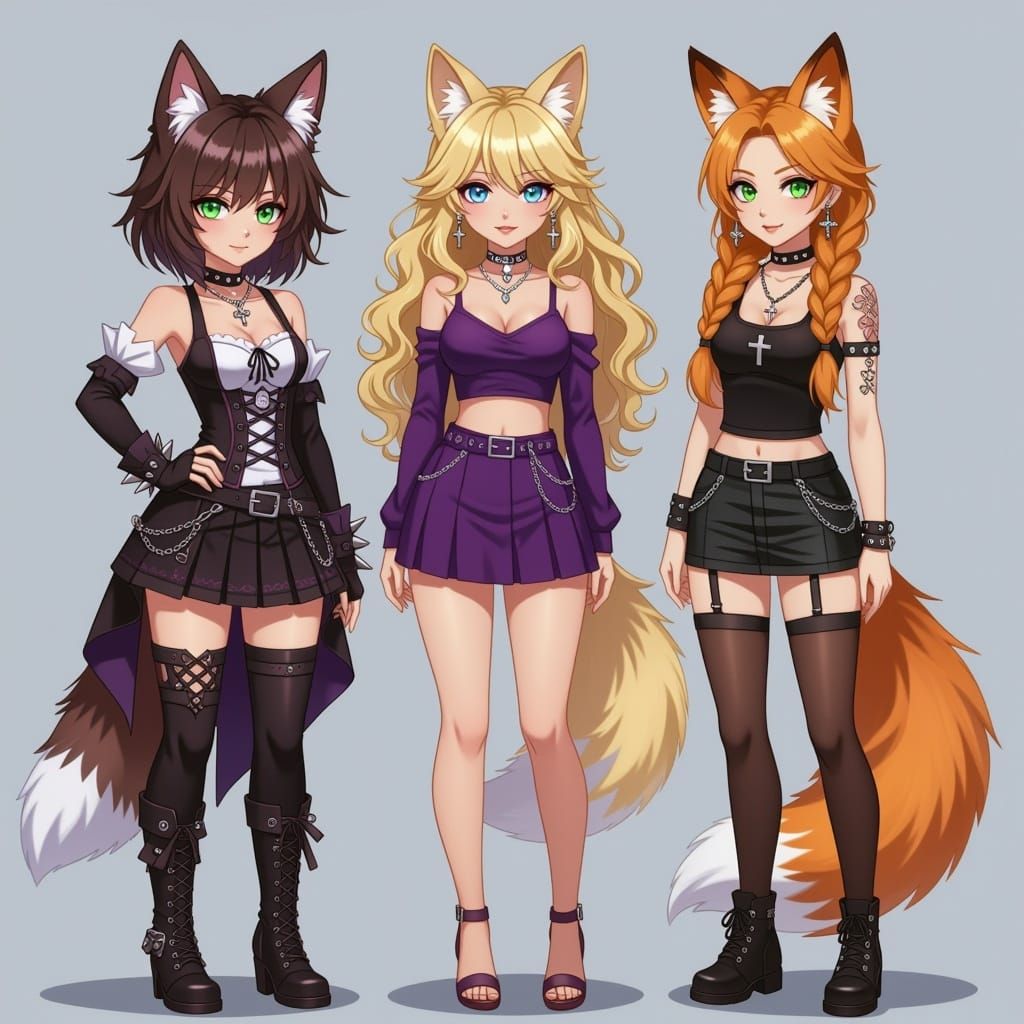 Anime Women with Wolf Ears and Tails in Gothic Outfits