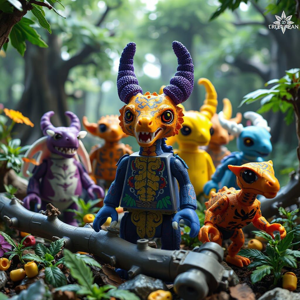 Plush mutant animals in a Chaos Forest made from lego bricks