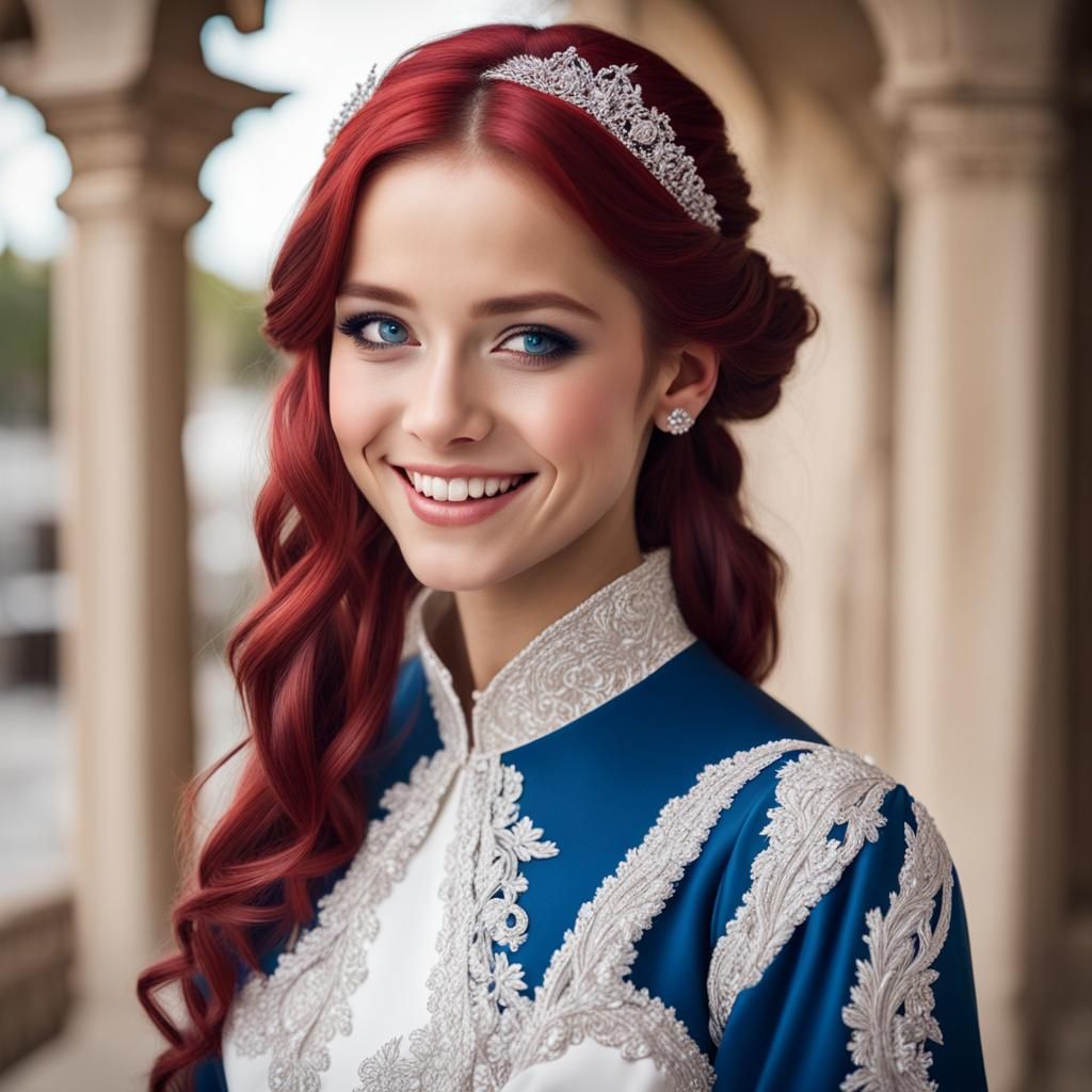 Red-Haired Princess with Blue Eyes and White Dress