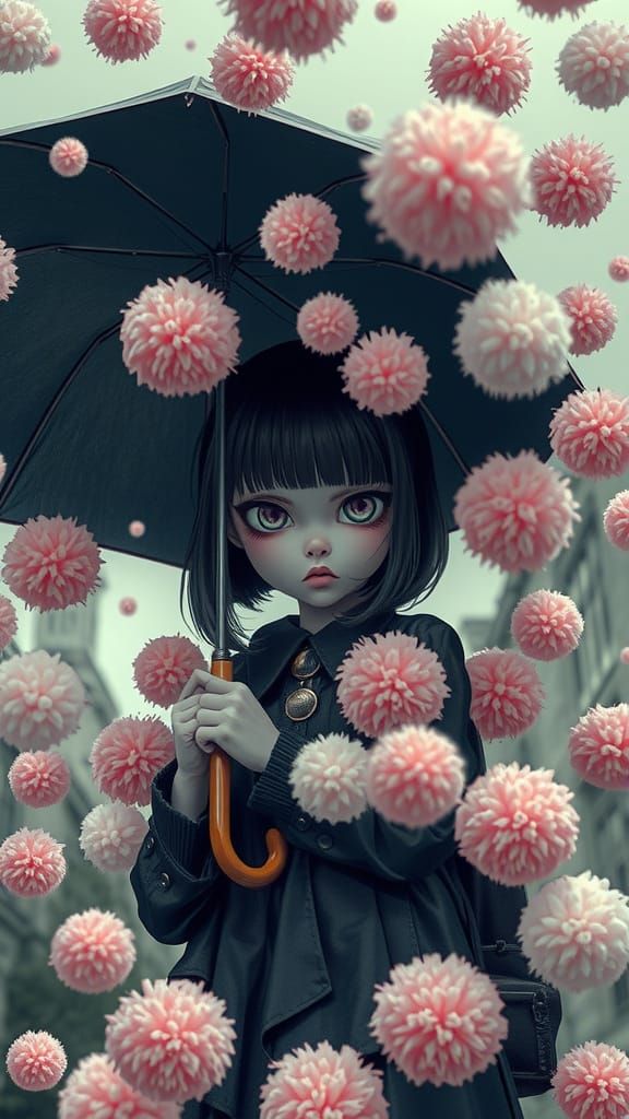 Gothic Girl Shelters from Pom-Pom Apocalypse