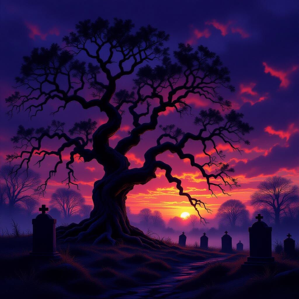 Ancient Oak Tree Silhouetted Against Twilight Sky