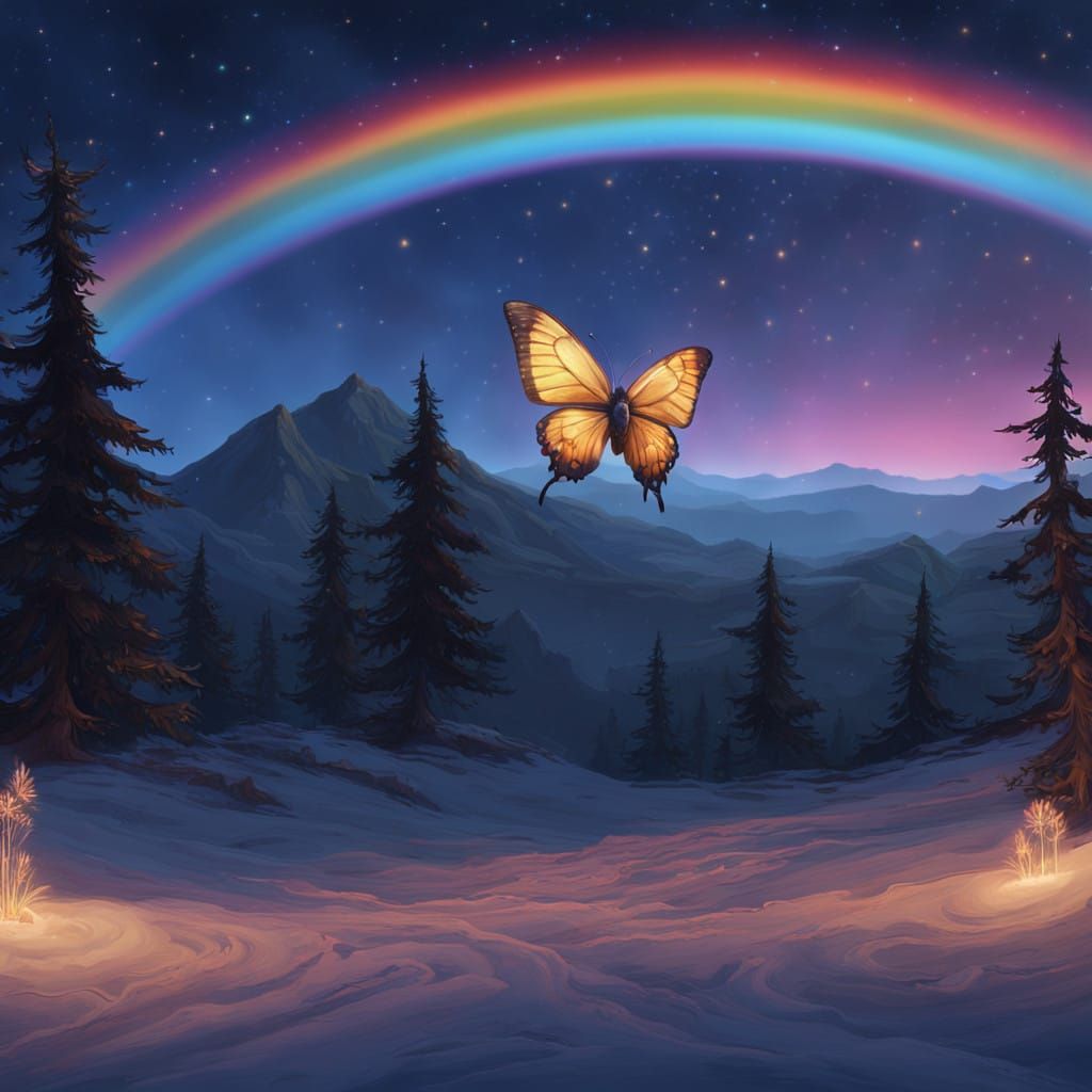Vibrant Iridescent Butterfly Soars Across Starry Rainbow Arc