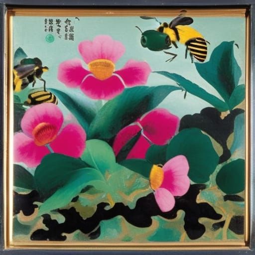 Bee on Flower: Enamel and Gouache Painting