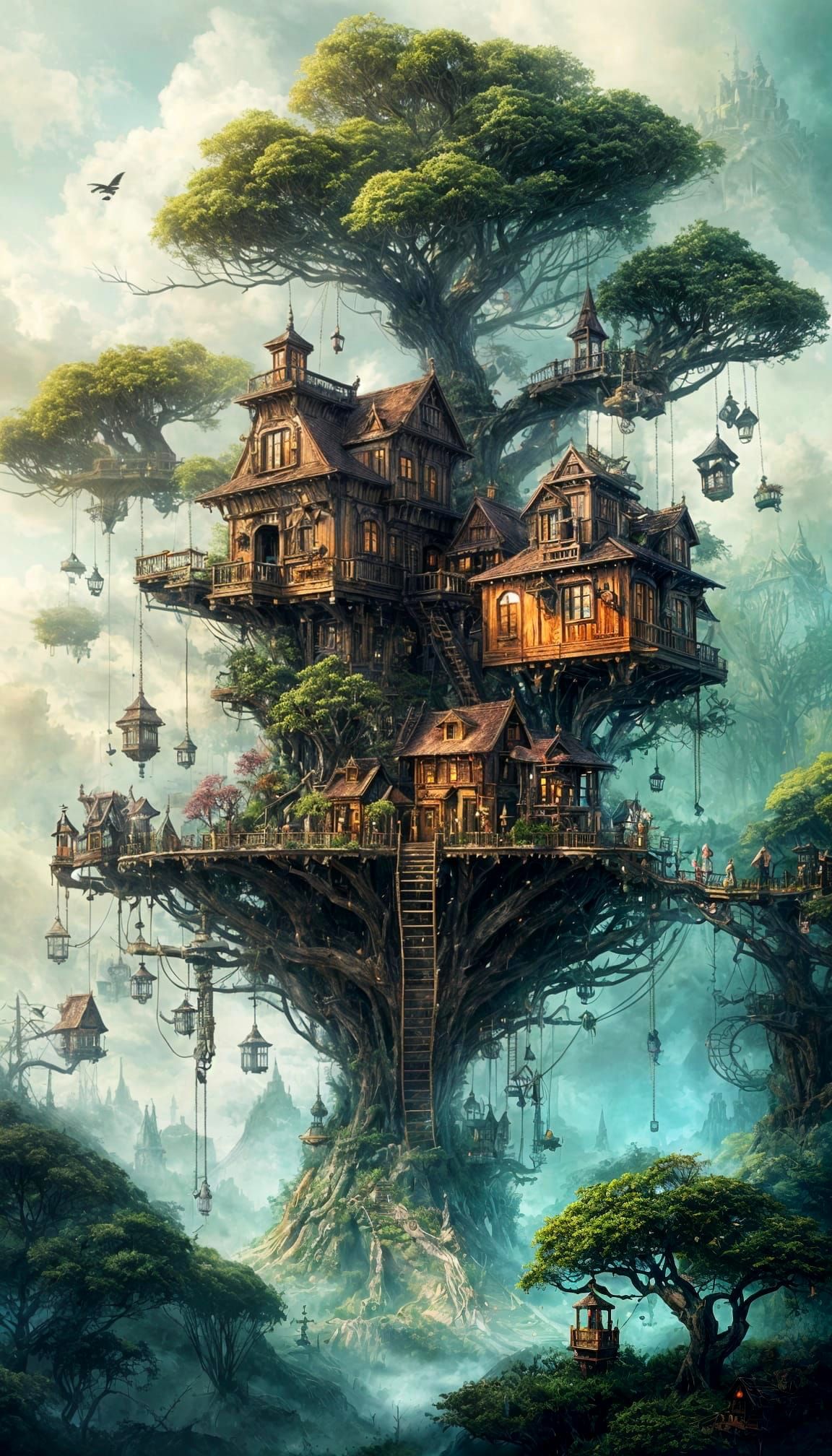 Steampunk Bonsai Village in Detailed Digital Matte Painting
