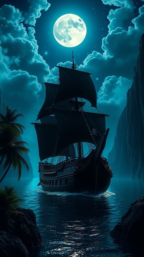 Pirate Ship Sails Under Full Moon in a Tropical Bay