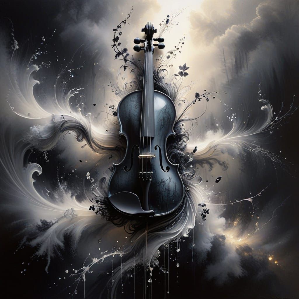 Ethereal Violin Formed by Ink and Smoke