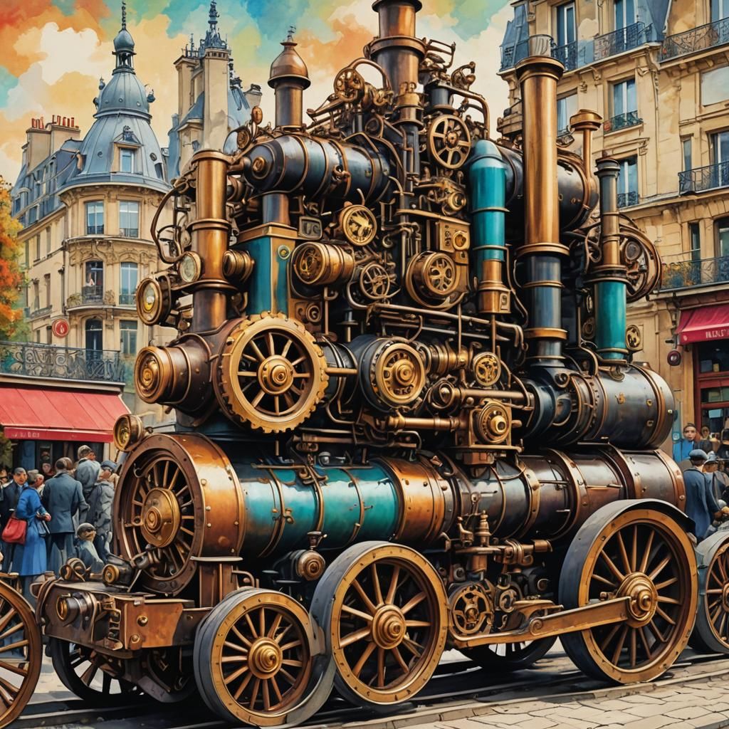 Steampunk Engine Against Paris, Postcard Art