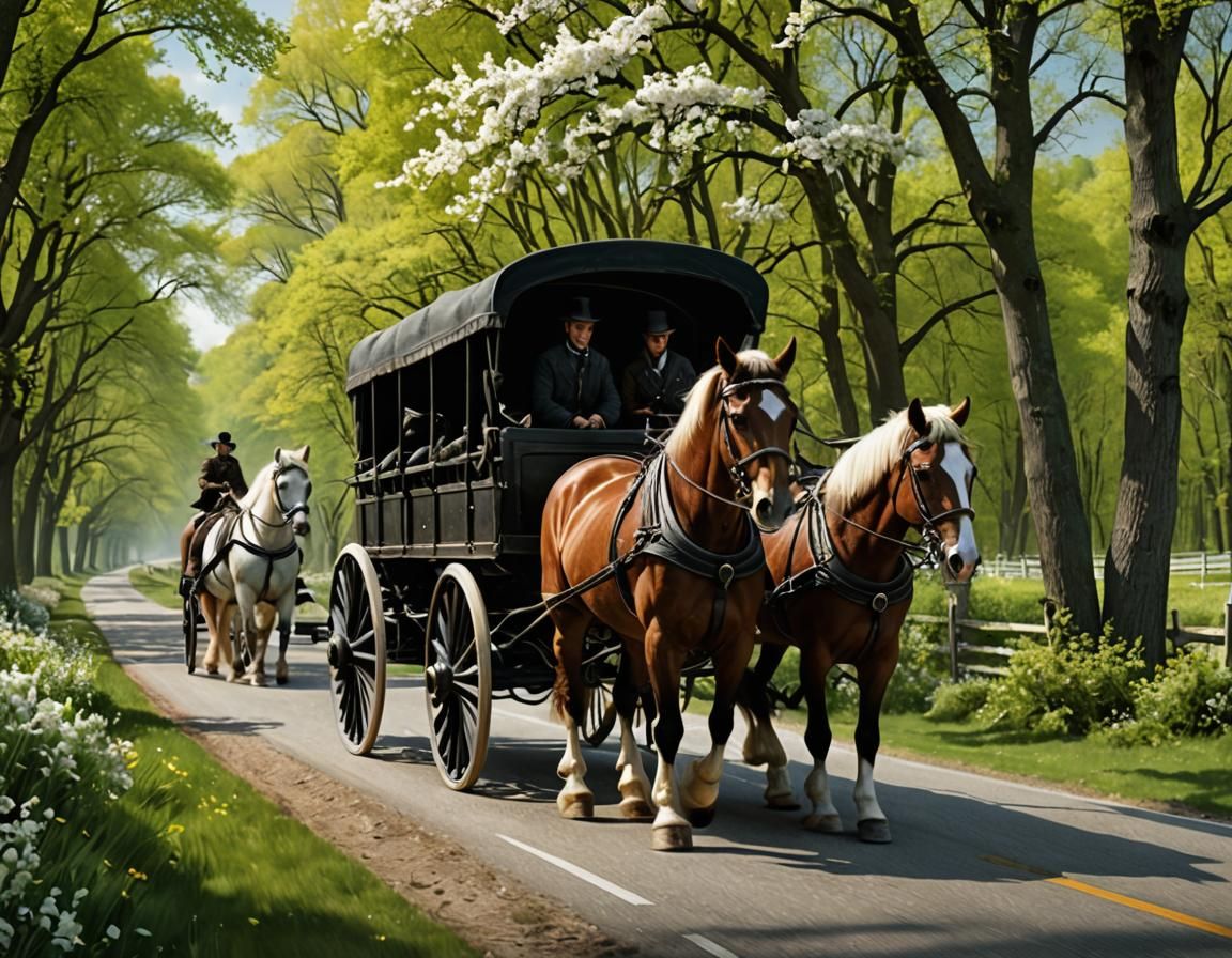 Springtime Wagon with Horses in Country Road