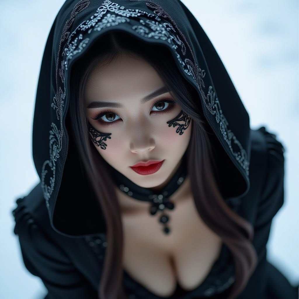 Mysterious Asian Woman in Macabre Mask, High-Angle Shot