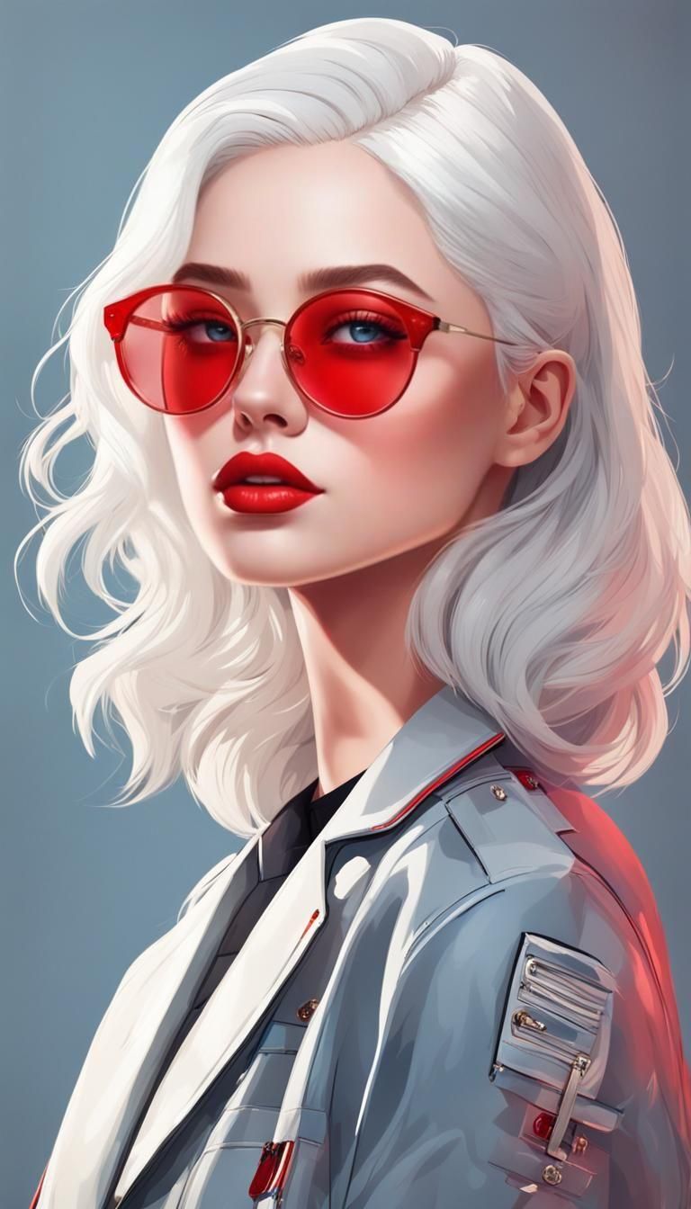 view of a young beautiful woman with white hair, eyebrows ma...