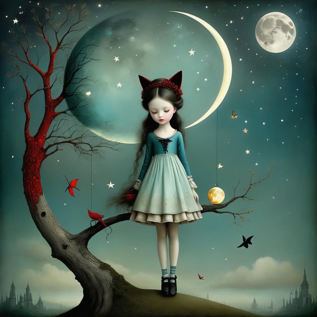 Dreamlike Moonscape in Whimsical Collage Style