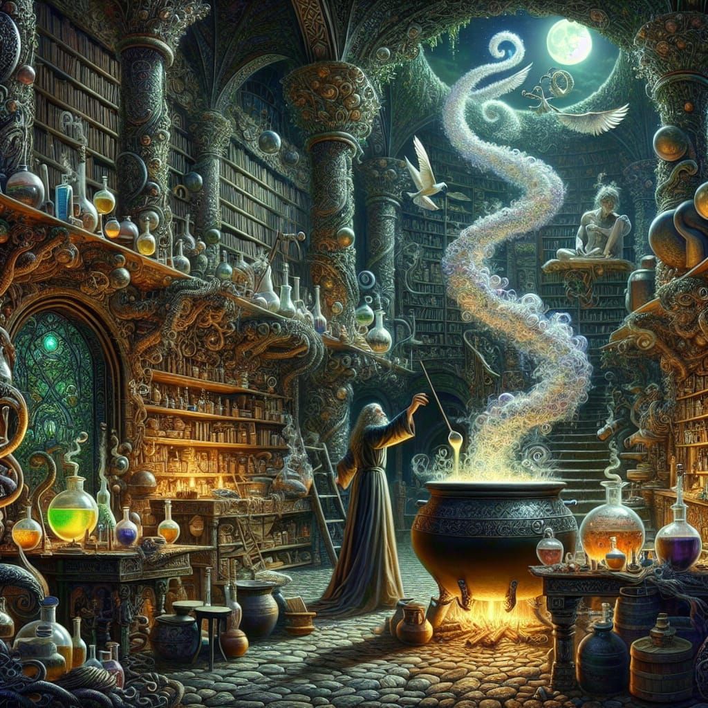 Medieval Alchemist's Laboratory with Bubbling Potions
