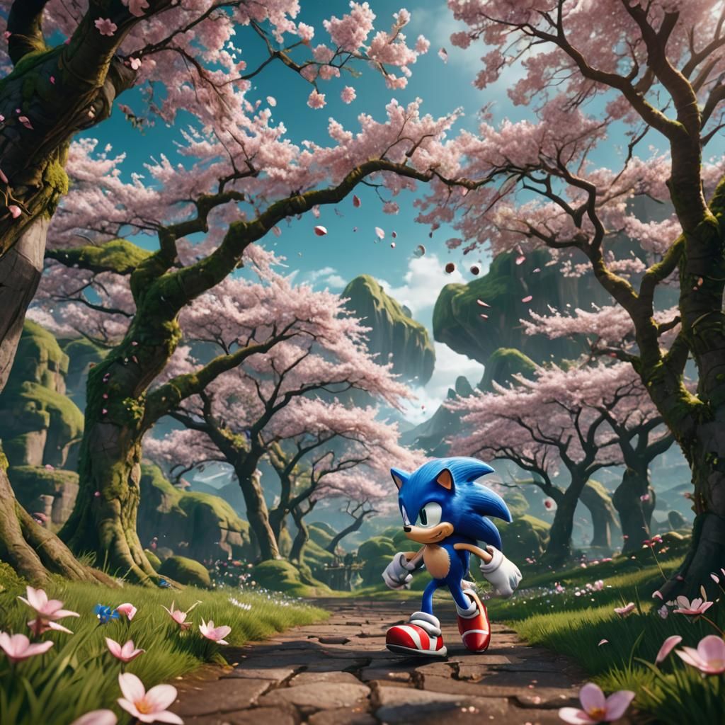 Sonic Runs Through Cherry Blossom Forest