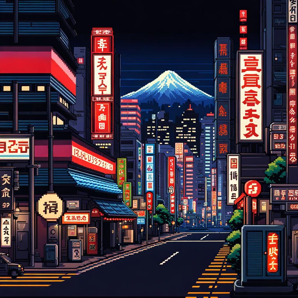 Night Cityscape in Japan: 8-bit Pixel Art
