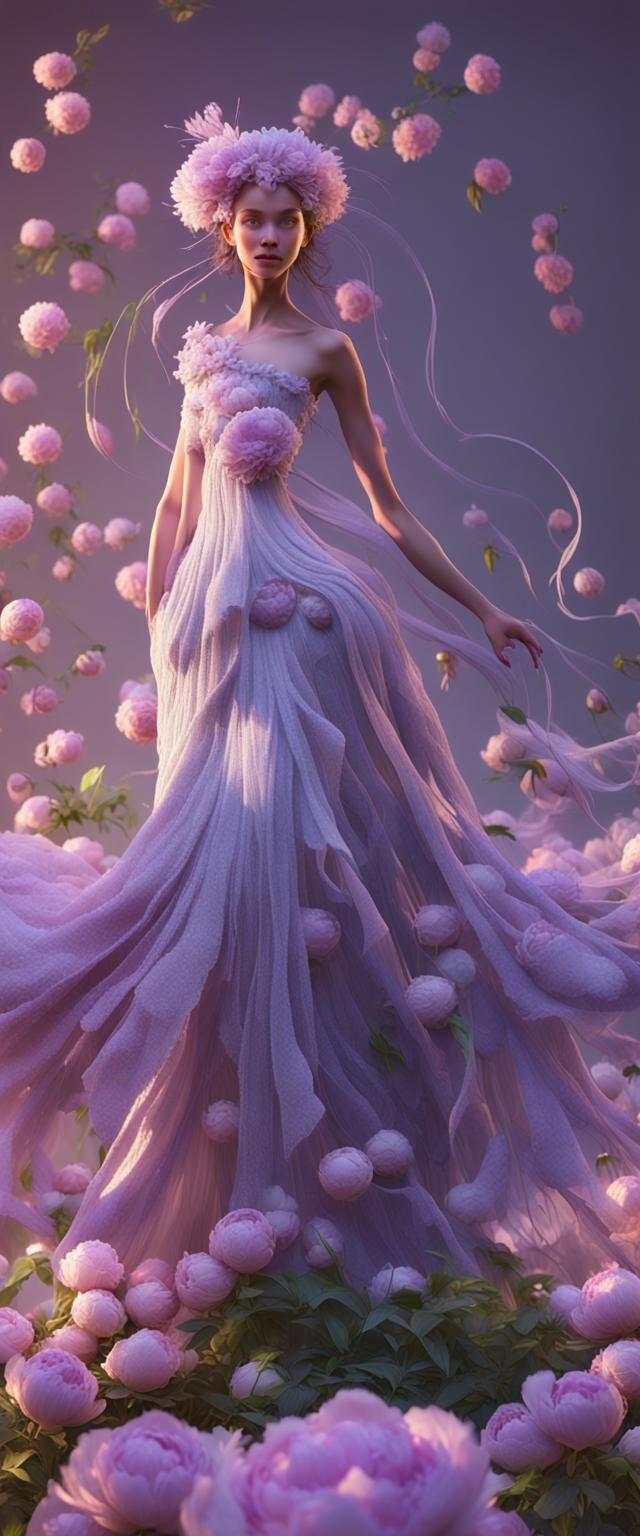 Ethereal Nymph in Peony Gown: 3D Character Art