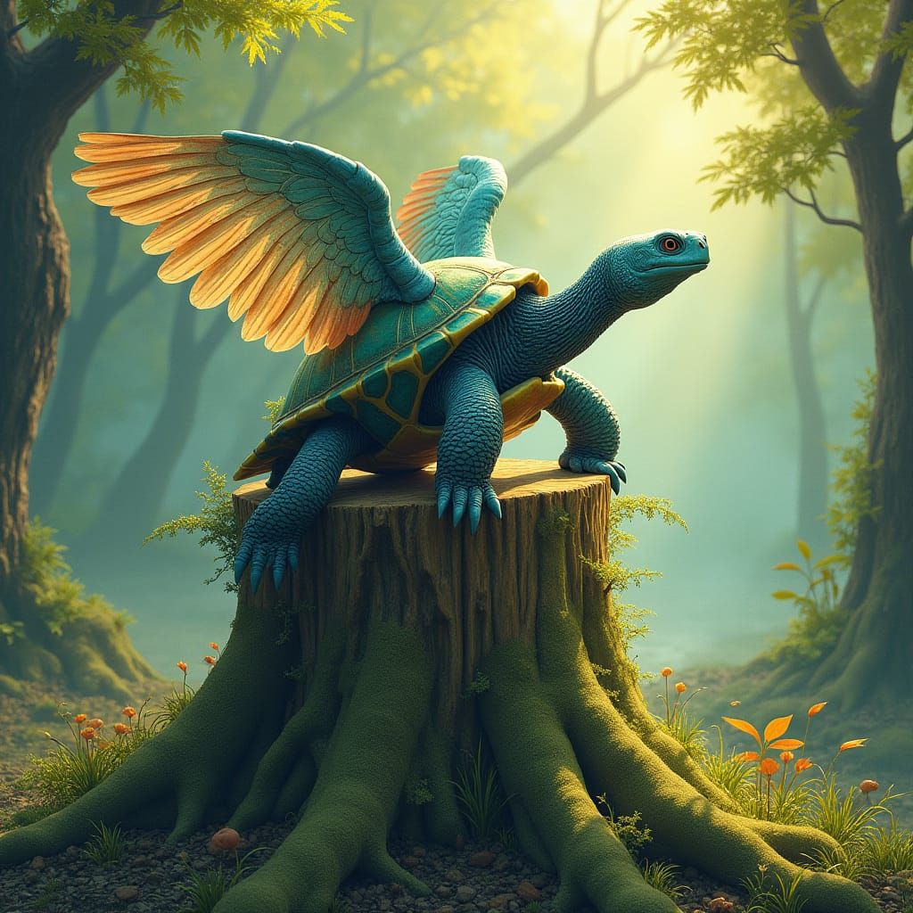 Majestic Winged Turtle Perched on Ancient Tree