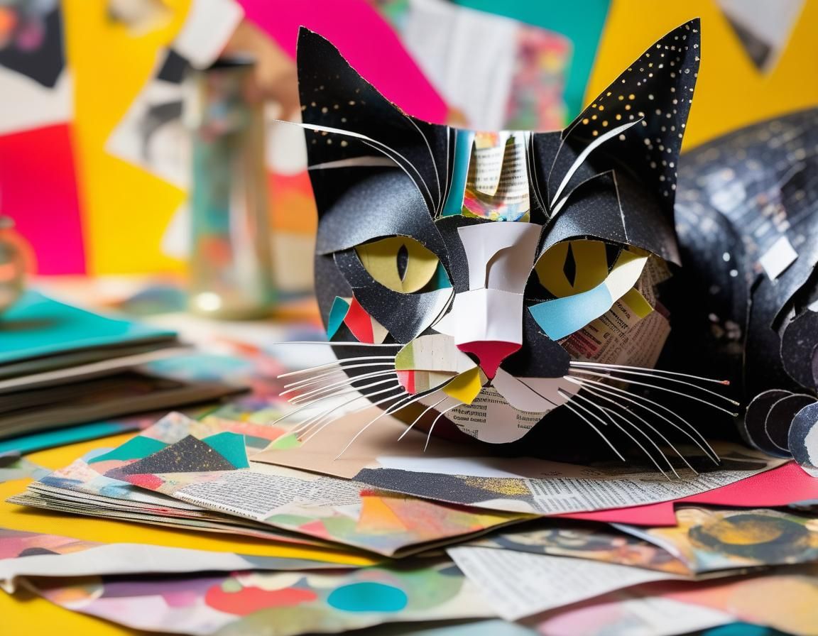 Mixed-Media Collage of a Cat with Magazine Clippings