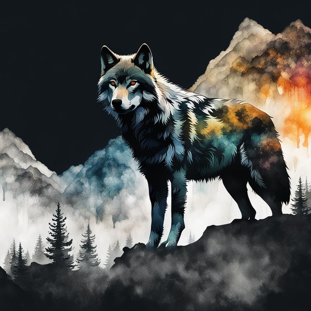 Misty Mountain Wolf Silhouette in Watercolor Style