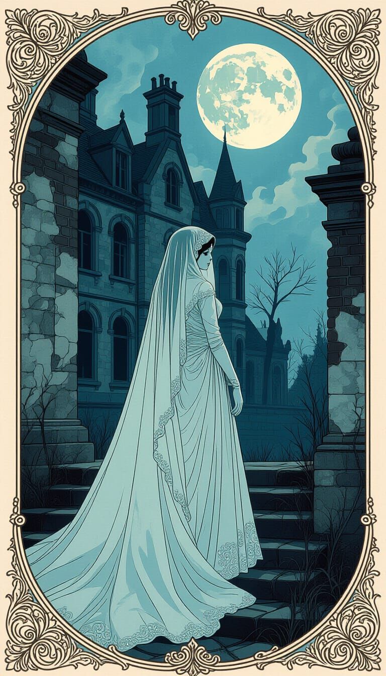Victorian Ghost Bride in Abandoned Manor, Gothic Art Nouveau...