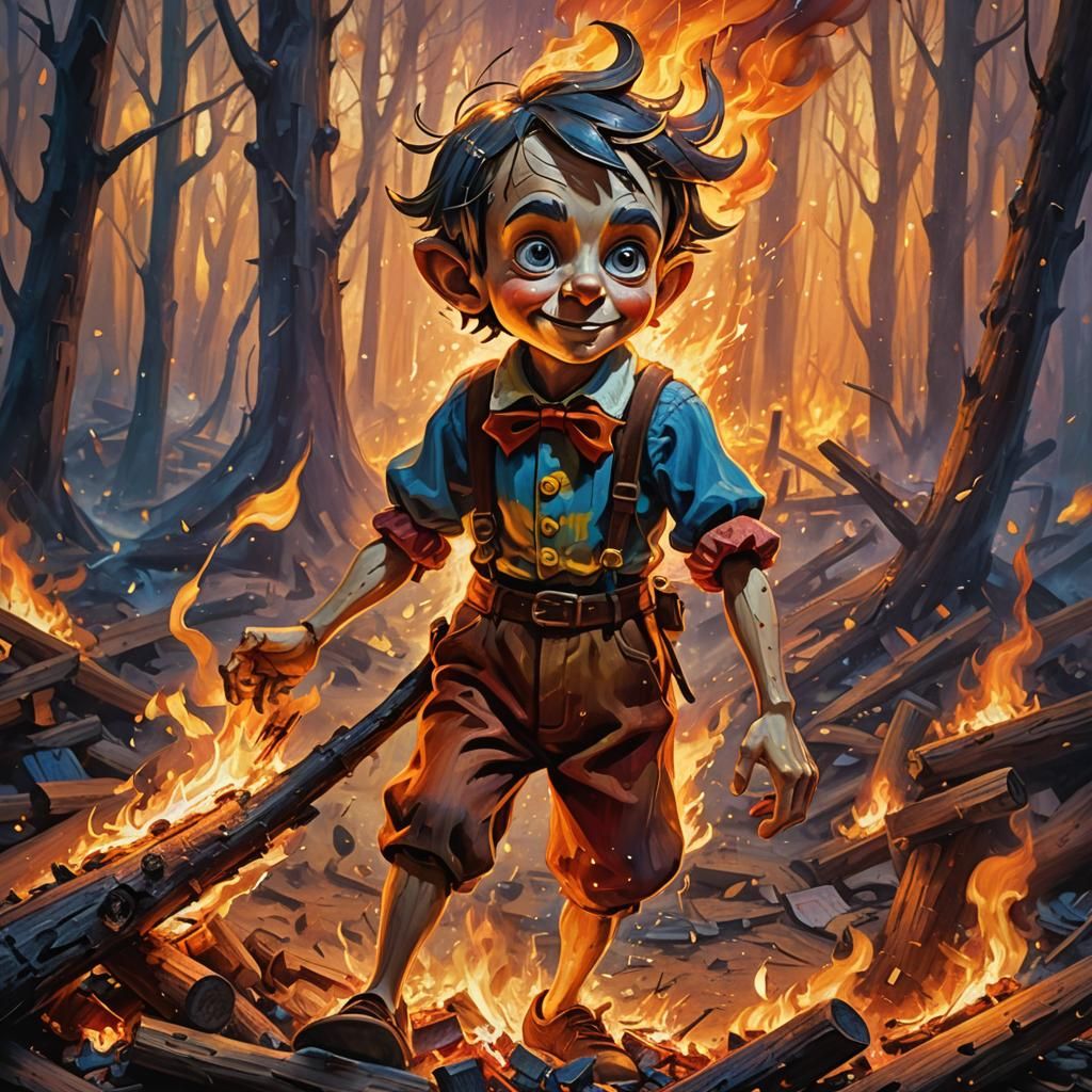 Pinocchio Engulfed in Flames: Surreal Concept Art