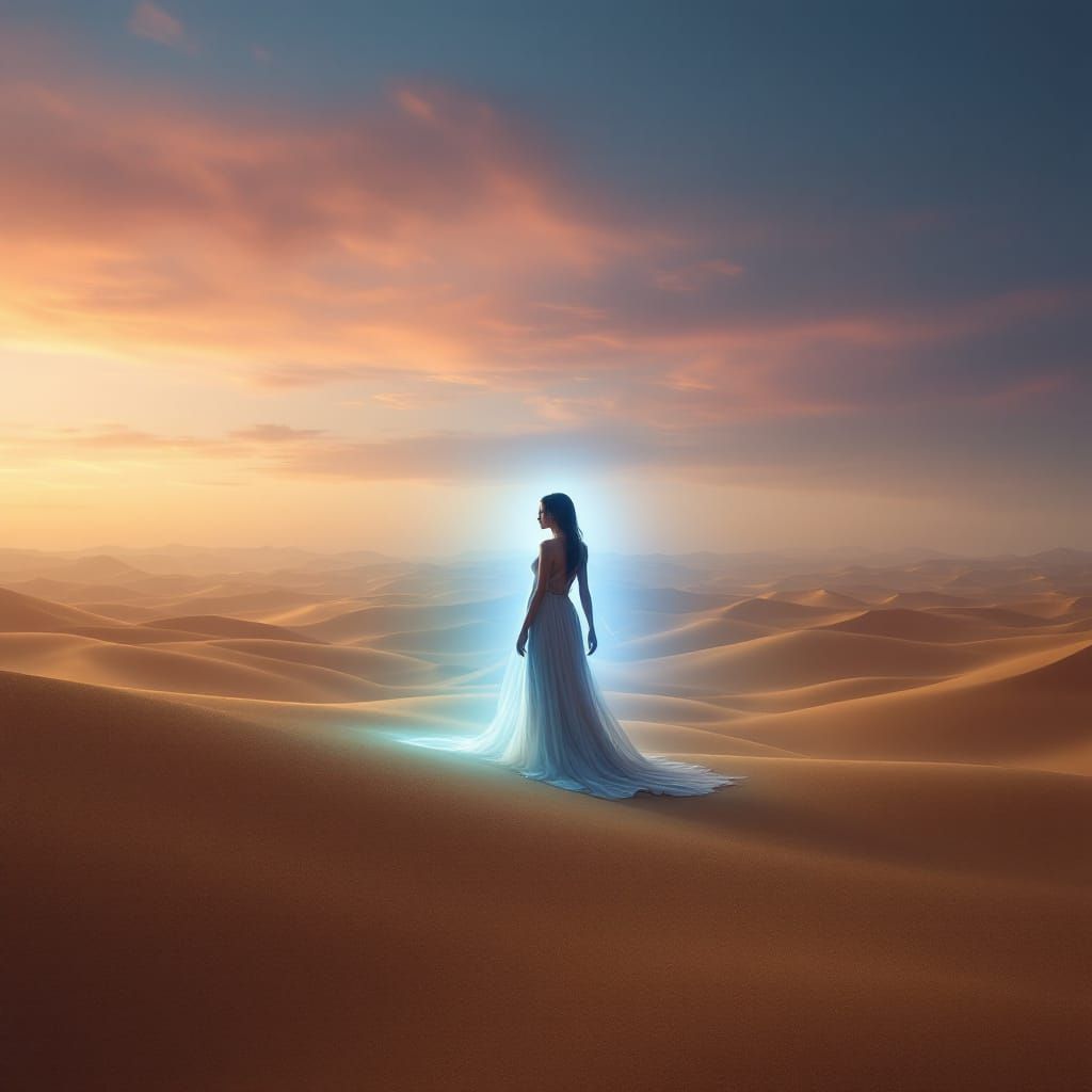 Desert Wanderer: Holographic Figure in Arrakis Landscape