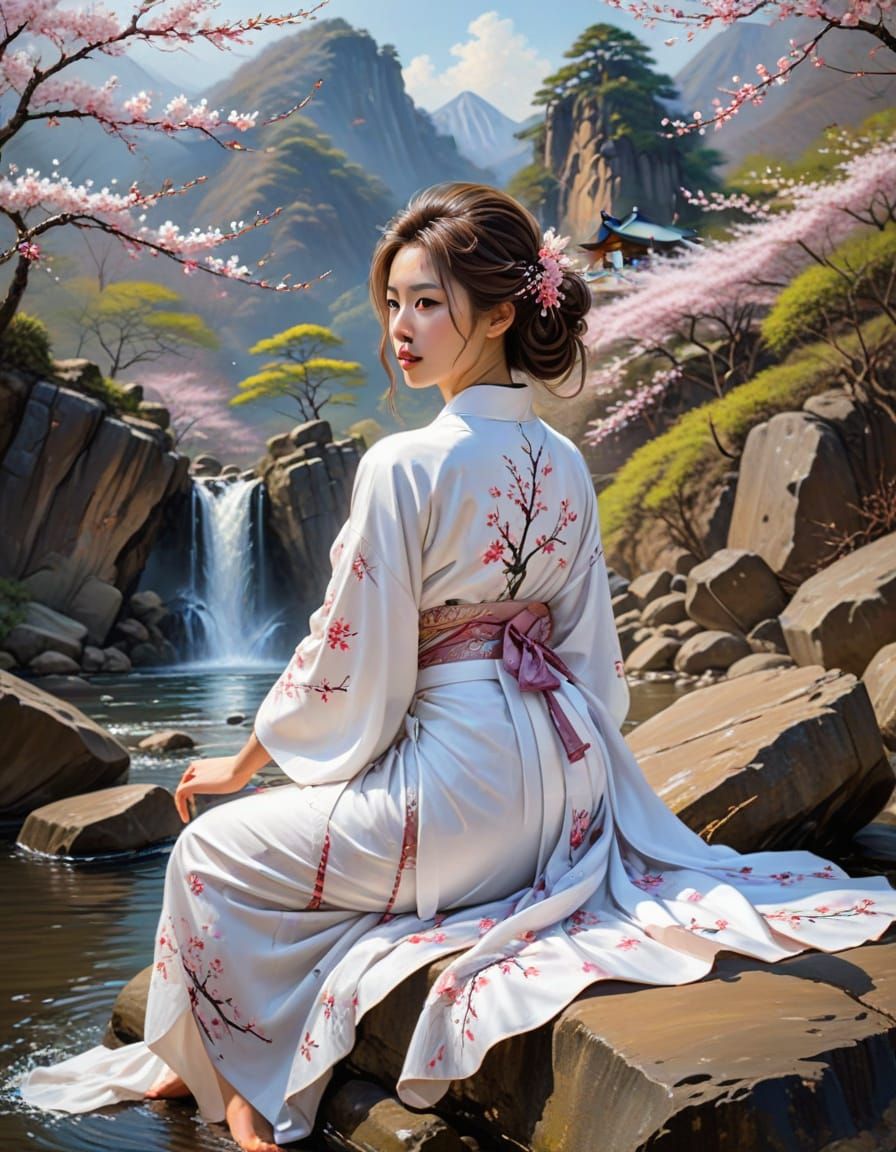 Japanese Lady in Kimono by Mountain Stream