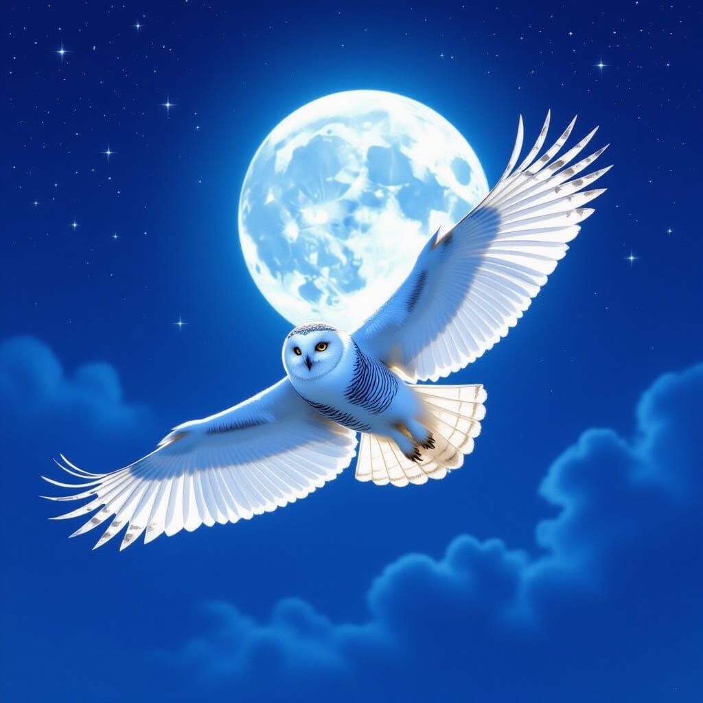 Majestic Snowy Owl in Flight Under Full Moon