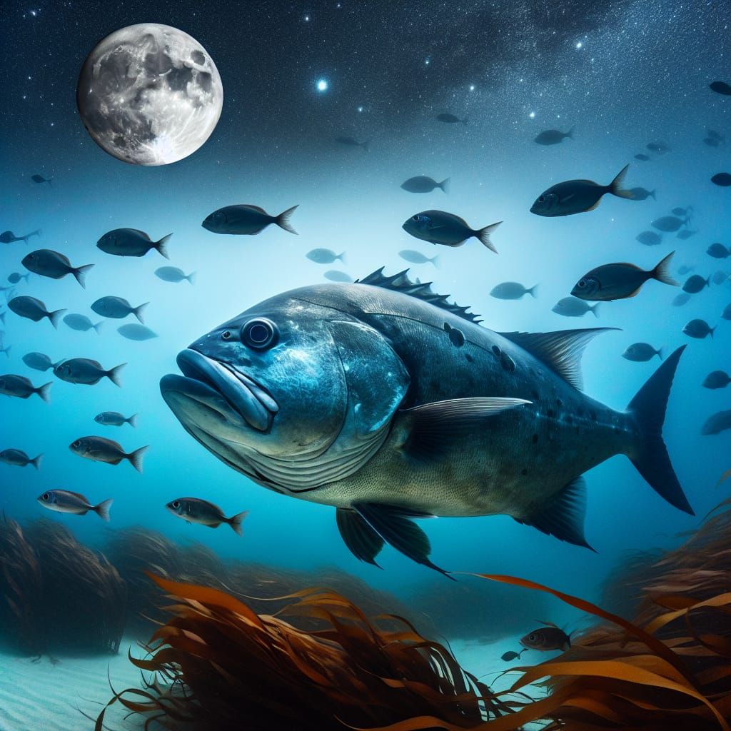 Large Fish Swimming in Ocean with Moon and Stars